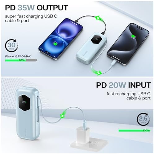 Ultra-Fast 2025 Portable Power Bank 10000 m Ah with Integrated Retractable PD Cable – 35 W Quick Charge Solution for i Phone, Samsung, Android, i Pad & Mac Book – Dual Device Charging Capability & Intelligent LED Power Indicator (Chic Blue)