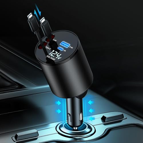 Ultimate 4-in-1 Retractable Car Charger – 60 W Super Fast Charging for i Phone 11-16, Galaxy, Pixel & Air Pods 4 – Dual USB Ports & Tangle-Free Cables for Maximum Convenience on the Go – Compact Power Adapter for All Your Devices