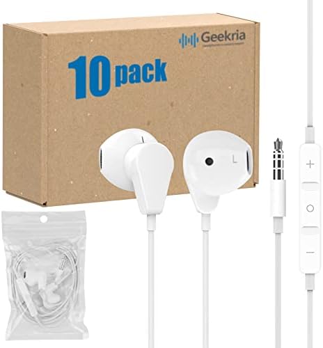 GEEKRIA Bulk Pack 3.5 mm Wired Earphones – 10 Premium Semi In-Ear Headphones with Built-In Microphone & Volume Control for Crystal-Clear Audio – Affordable and Versatile Earbuds Compatible with Smartphones, Tablets, and Laptops – Perfect for Daily Use and Group Settings