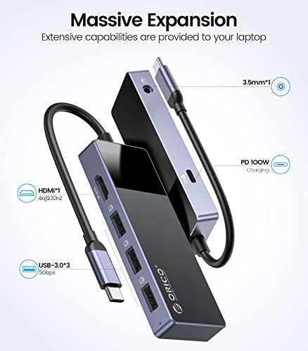 Unlock Ultimate Productivity with ORICO 6-in-1 USB-C Hub Docking Station – Multiport Adapter Featuring HDMI 4 K@30 Hz, 3 USB-A 3.0 Ports, PD 100 W Power Delivery, and 3.5 mm Audio Jack for Seamless Compatibility with Dell, Surface, HP, Lenovo Laptops – Lightweight, High-Speed Connectivity for On-the-Go Professionals