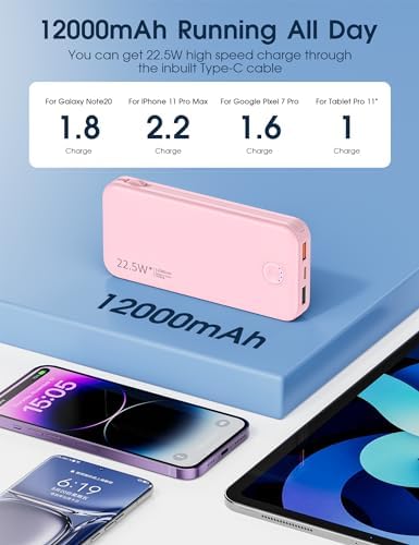 Ultra-Fast Charging Portable Power Bank with Built-In Cable and AC Plug – 12,000 m Ah USB C Travel Charger for i Phone and Android Devices – Lightweight, Compact Design for On-the-Go Power Solutions