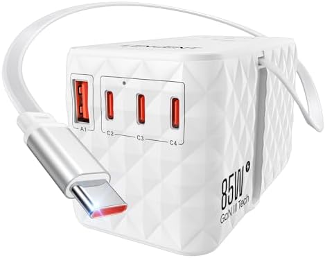 85 W Universal Travel Power Adapter with Retractable USB-C Cable – Optimal Fast Charging Hub for Global Use, Featuring 4 Ports for Seamless Connectivity in US, EU, UK & Beyond, Engineered for On-the-Go Professionals Seeking Efficiency and Versatility