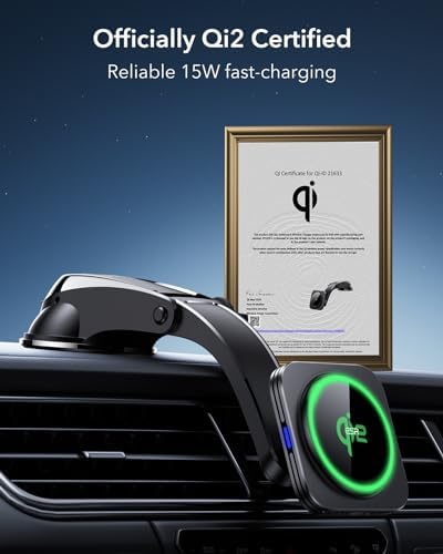Revolutionize Your Drive with the ESR Qi2 15 W Mag Safe Car Mount Charger – Effortless Fast Wireless Charging for i Phone 12-16 & S25, Secure Magnetic Hold for Dashboard/Windshield, Stylish Black Design, Ultimate Convenience and Enhanced Compatibility