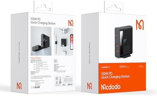 Mcdodo 100 W Fast Charging Station – 4-in-1 Multiport USB Hub with 2 USB-A & 2 USB-C for Rapid Power Delivery – Ga N Technology Desktop Charger for i Phone, i Pad, Android, Mac Book – Includes 1.5 m AC Power Cable for Optimal Placement and Enhanced Device Compatibility