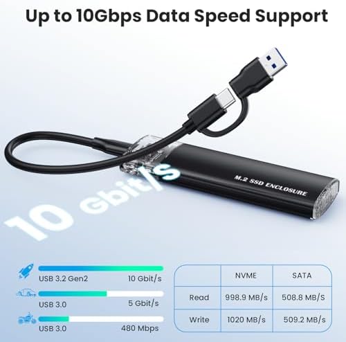 High-Performance M.2 NVMe SATA SSD Enclosure Adapter – 10 Gbps USB 3.1 Gen 2 Type-C for Seamless Data Transfer, Compatible with M-Key & B+M Key Sizes 2230, 2242, 2260, 2280 – Ideal for Fast-Paced Professionals and Gamers Seeking Reliable Storage Expansion