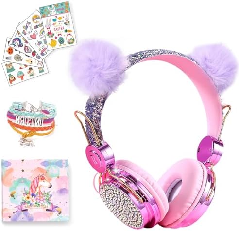 Light Purple Unicorn Cat Ear Bluetooth Headphones for Kids – Safe Listening with Volume Limiting, FM Radio & Dual Connectivity for Fun Learning and Entertainment – Ideal for School, Laptops, and Smartphones