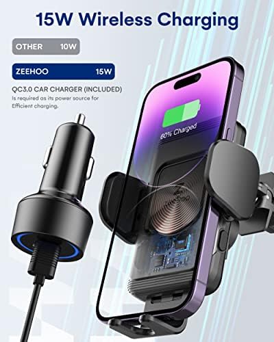 Zee Hoo 15 W Fast Wireless Car Charger with Auto-Clamp Mount – Effortless Qi Charging for i Phone 14/13/12 Mini/11 Pro Max & Samsung Galaxy S22/S21 – Multi-Position Holder for Windshield & Air Vent with 45 W QC3.0 Adapter for Enhanced Power Efficiency and Secure Usage