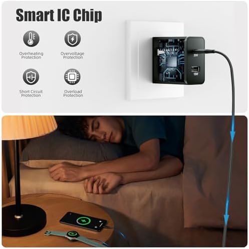 Dual-Port 25 W Fast Charging Block with 5 FT Cable for Samsung Galaxy Watches & Smartphones – Effortless Dual Device Charging, Superior Speed, and Sleek Compact Design for Galaxy Watch 7/6/5/4/Active2 & Galaxy S24/S23/S22/S21/Note/Z Fold – Ultimate Efficiency Meets Unmatched Compatibility