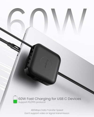 Fasgear Retractable USB C Cable Desk Mount – 60 W PD/PPS Fast Charging Type C Charger for i Phone 16/15, i Pad, Galaxy S24/S23, Google Pixel – 360° Rotatable Cable Management Solution in Sleek White – Ultimate Convenience for Tangle-Free Charging and Enhanced Device Accessibility