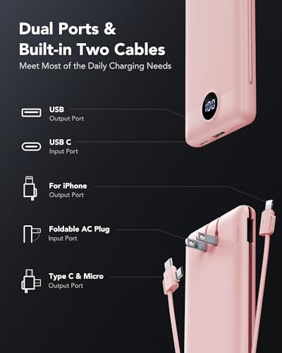 Sleek VRURC 10,000 m Ah Portable Charger with Built-in Wall Plug – Rapid 22.5 W USB Power Bank for Ultimate Travel Convenience – Slim Profile, 4 Outputs & Dual Inputs for Multi-Device Charging – Essential USB-C Compatible Travel Accessory in White