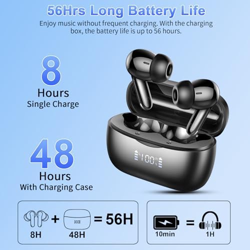 Cutting-Edge Bluetooth 5.3 Wireless Earbuds with Quad HD Microphones – 56-Hour Extended Playtime for Non-Stop Sound, IPX7 Waterproof Design for Active Lifestyles, Premium Hi-Fi Stereo Audio, LED Battery Indicator, USB-C Rapid Charging – Perfect for Workouts, Daily Commutes, and Relaxation Sessions