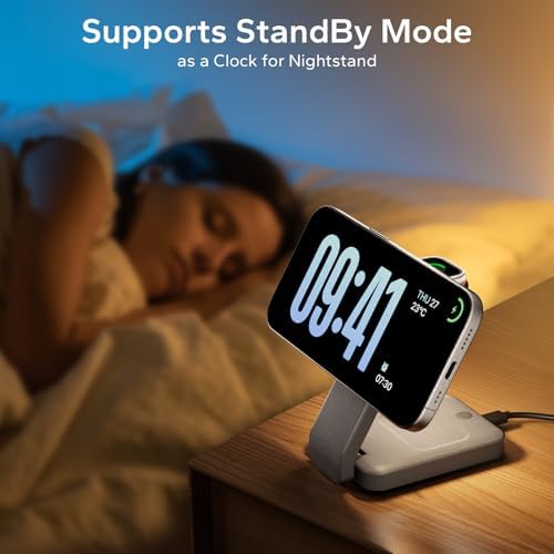 Ultimate 3-in-1 Foldable Wireless Charging Station for Mag Safe – Sleek Nightstand Dock for i Phone 16-13 Pro Max, Apple Watch & Air Pods with Integrated Night Light – Travel-Friendly Design for Effortless Charging and Enhanced Compatibility in Gray