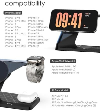 All-in-One Wireless Charging Hub for Apple Devices – Fast Mag-Safe Charger Stand for i Phone 16/15/14/13/12 Series, Air Pods & Apple Watch – Streamlined Design for Home & Office Efficiency