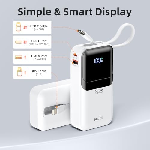 Ultimate 30 W Fast Charging Mini Power Bank for i Phone and Samsung – 10,000 m Ah Portable Charger with Built-In USB-C & Lightning Cables, LED Battery Indicator – Perfect Travel Companion for On-the-Go Charging