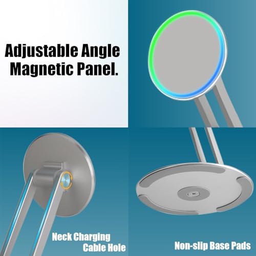 Magnetic Phone Stand for Desk, 360° Rotatable Foldable Magnetic Phone Holder Stand, Height&Tilt Adjiustable, Non Slip Base Magsafe Phone Holder for iPhone 15/14/13/12 Series/Magsafe Case (Silver) – Enhanced Compatibility and Speed