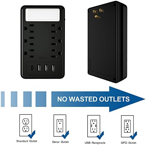 ZHOORQI 6-Outlet Multi Plug Extender with USB-C Fast Charging – Compact Surge Protector for Home, Office & Travel – Versatile Wall Charger with Enhanced Safety Features and Sleek Design for Effortless Device Connectivity