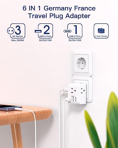 Ultimate European Travel Plug Adapter Set – Dual Pack Universal Power Converter with 3 AC Outlets and 3 USB Charging Ports (including USB-C) for Efficient Power Solutions in Italy, Spain, France, Germany, and Iceland – Essential Accessory for Global Travelers Seeking Versatile Compatibility and Rapid Charging Efficiency