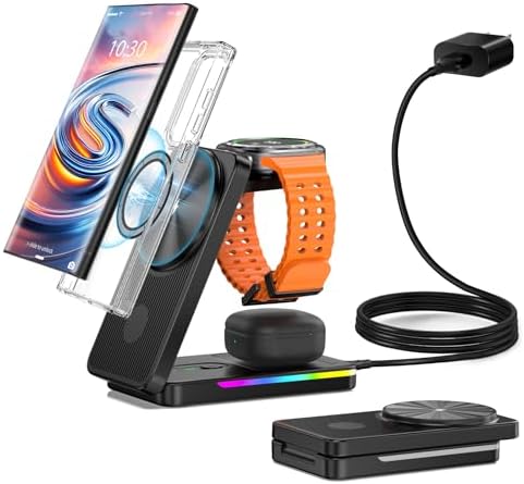 Revolutionary 3 in 1 Magnetic Wireless Charging Hub for Samsung Devices – Ultimate Foldable Mag Safe Station for Galaxy S25 Ultra/S24/S23 Ultra/S22, Galaxy Watch Ultra/8/7/6/5/4/Buds – Rapid Travel Charger with Enhanced Compatibility and Sleek Design for On-the-Go Charging Solutions