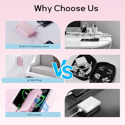 Compact 27 W Fast Charging Power Bank with Built-in Cables – 10,000 m Ah Portable Charger for i Phone & Android – Effortless Multi-Device Charging with 4 Outputs & 2 Inputs – Essential Travel Battery Pack for i Phone 16/15/14 and Newer – Durable Design for On-the-Go Energy Solutions