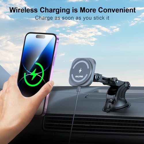 OHLPRO Mag Safe Car Mount Wireless Charger – 15 W Fast Charging Magnetic Phone Holder for i Phone 12-16 Series with Versatile Air Vent and Dashboard Installation – Enhanced Compatibility for On-the-Go Convenience and Safety