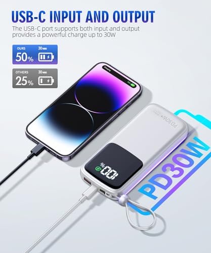 Ultimate 15,000 m Ah Portable Power Bank with Integrated AC Plug and Dual Output Cables – PD 30 W Fast Charging for i Phone, i Pad, and All Devices – Lightweight, Compact Design with LED Battery Indicator for On-the-Go Charging Solutions