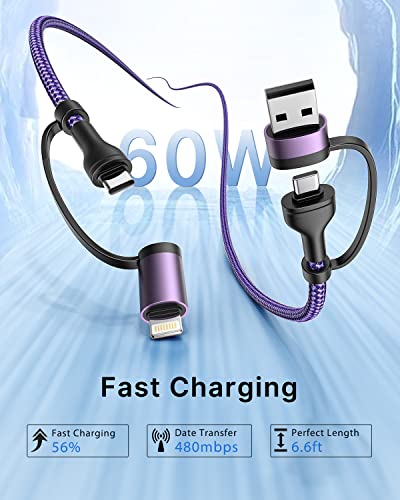 Universal 4-in-1 Multi-Device Charging Cable [2-Pack, 6.6 FT] – 60 W Fast Charging Nylon Braided Lightning & USB-C Cords for i Phone, i Pad, Samsung Galaxy, Mac Book & More – Durable & Tangle-Free Solution for Efficient Powering