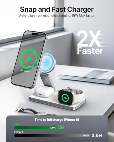 3-in-1 Magnetic Wireless Charging Station for Apple Devices – Foldable Fast Charger for i Phone 16/15/14/13/12, Apple Watch, and Air Pods Pro – Compact Travel Charger with Advanced Magnetic Alignment and Intelligent Protection – Sleek Design for Home and Office Use – Includes 20 W Adapter and USB-C Cable – Ultimate Charging Solution for Apple Enthusiasts