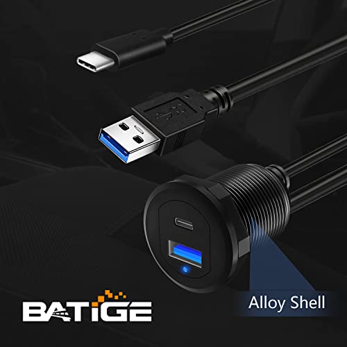 BATIGE Type C USB 3.0 Flush Mount Extension Cable – 3 ft Alloy Shell Car, Truck & Motorcycle Dashboard USB Port with LED Indicator for Enhanced Durability and Seamless Connectivity