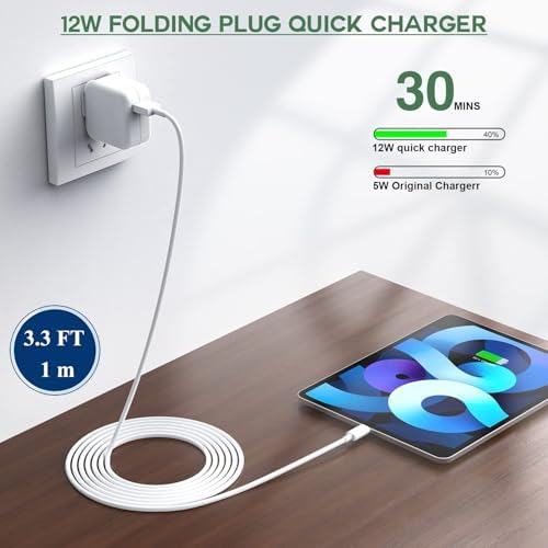 Ultimate 2-Pack i Pad Charger Set: 10 FT Lightning Cable & 12 W Foldable USB Wall Adapter for Quick & Reliable Charging – Compatible with i Pad 4/5/6/7/8/9, Mini & Air Models – Travel-Friendly Design for Uninterrupted Use
