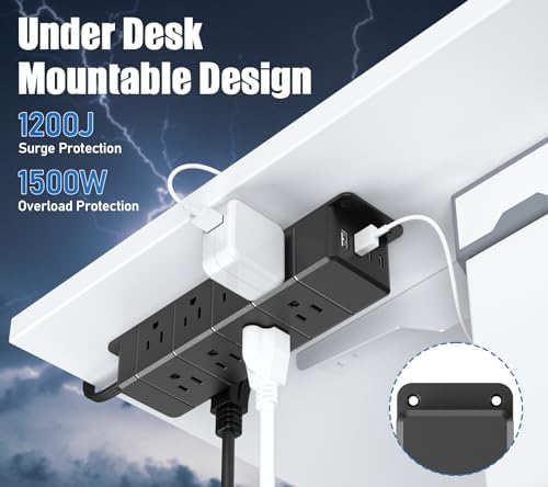 Maximize Workspace Efficiency with the 45 W USB-C Fast Charging Power Strip – 12 Outlets, 4 USB Ports, 1200 J Surge Protection, and 6 FT Flat Extension Cord for Seamless Under Desk Mounting and Enhanced Device Compatibility