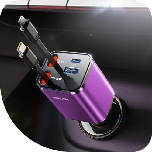 JOYROOM Ultra-Compact 84 W Retractable Car Charger – Fast USB-C Charging for i Phone 12-16 | Travel Essential Car Adapter for Quick Device Power-Up | Sleek Design, Tangle-Free Cable, Perfect Gift for Men & Women