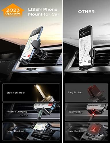 LISEN Ultra-Stable Car Phone Mount – Adjustable Vent Holder with Steel Hook Clip, Compatible with i Phone 15/14/13 Pro & Samsung Galaxy S22/S21 – Enhanced Airflow, Secure Grip & 360° Rotation for Safe Hands-Free Driving