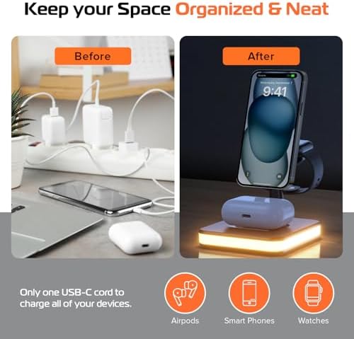 Spracht Flex Charge 4: Advanced 4-in-1 Wireless Charging Station with 25 W Fast Charging, Magnetic Dock for Smartphones, Smartwatches & Earbuds | Qi-Compatible Multi-Device Charger with Built-in Nightlight for Enhanced Convenience and Style