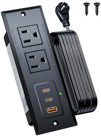 Sleek Recessed Power Strip with 20 W USB-C Fast Charger & USB-A Port – Space-Saving Desk Outlet for Effortless Device Charging, 6 ft Cord & 45° Slim Plug for Easy Access in Furniture – Ideal for Home Office and Conference Rooms