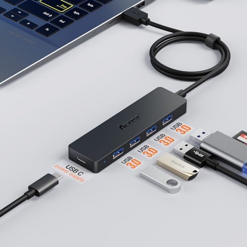Ultra-Slim 4-Port USB 3.0 Hub with 2 ft Extended Cable – High-Speed Data Transfer for Mac Books, PCs, and More – Compact USB Expander for Enhanced Connectivity, Ideal for On-the-Go Professionals and Home Offices