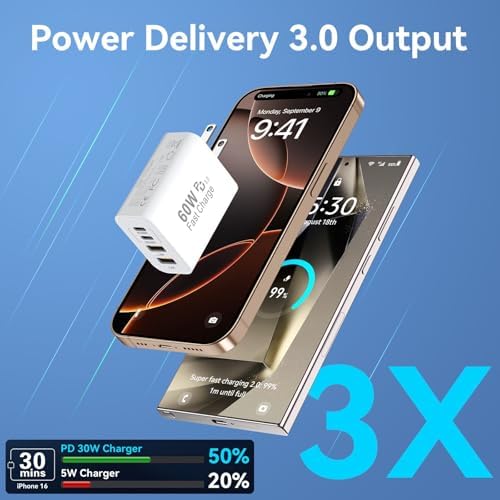40 W USB C Charger Block – Dual Pack of 4-Port Fast Charging Power Bricks with PD & QC 3.0 Technology for i Phone 16/15/14/13/12/11 Pro Max, i Pad, Galaxy, Pixel – Sleek White & Blue Design for Convenient Multi-Device Charging