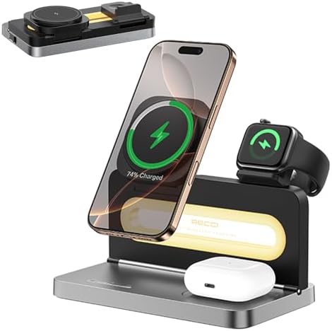 Revolutionize Your Charging Experience with the 4-in-1 Wireless Charger: Adjustable Night Light & Magnetic Foldable Stand for i Phone 12-16, Apple Watch & Air Pods – 15 W Fast Charging Dock for Seamless Multi-Device Power-Up, Perfect for Bedside Tables and Modern Workspaces