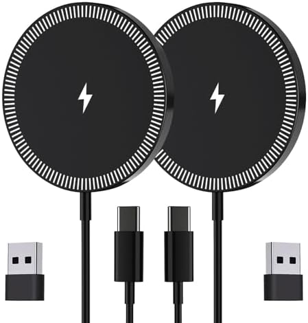 Mag Safe Charger 2 Pack – 15 W Magnetic Wireless Fast Charging Pads for i Phone 16/15/14/13/12 & Air Pods – Slim, Portable Design with Durable Aluminum Alloy – Quick USB-C/A Compatibility – Stylish Silver Finish for Ultimate Convenience and Efficiency
