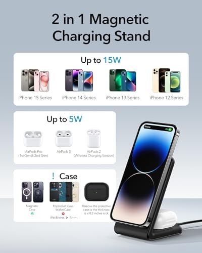 Meifigno Dual Pack Mag Safe-Compatible Fast Wireless Charger Stand with 20 W USB-C Block & 2 USB-C Cables – Premium Charging Solution for i Phone 16 Pro Max, 15, 14, 13, 12 & Air Pods 4/3/Pro – Sleek Design for Efficient Device Powering and Enhanced Compatibility