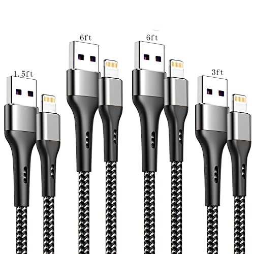 Ultimate i Phone Charger Cord Set – 4 Pack (1.5/3/6/6 FT) | MFi Certified Lightning Cables for Fast Charging | Compatible with i Phone 13, 12 Pro Max, Mini, 11 Pro, XS, XR, X, 8, 7 Plus, 6 s, 6 SE (2020), i Pad, i Pod | Durable Nylon Braided Design for Tangle-Free Convenience | Elevate Your Charging Experience with Enhanced Compatibility and Speed