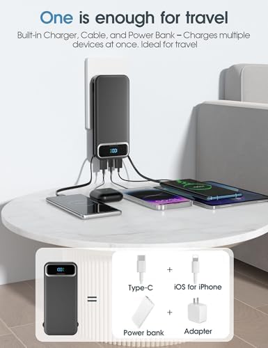 Ultra-Compact 12000 m Ah Power Bank with Built-in Charging Cables & AC Plug – 20 W PD Fast Charging for i Phone, Samsung, Android, USB-C Devices – Travel-Friendly External Battery Pack in Purple – Unmatched Portability and Efficiency for On-the-Go Charging Solutions