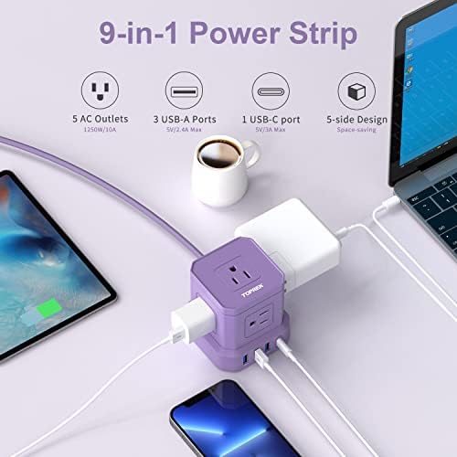 TOPREK 10 FT Power Strip with USB-C Fast Charging (3.0 A) – 5 AC Outlets & 4 USB Ports Surge Protector for Home, Office & Travel – Compact Desk Charging Station with Enhanced Surge Protection (700 J) for All Devices