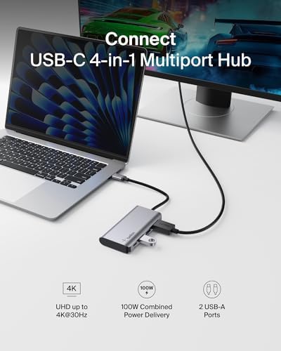 Transform your workspace with the Belkin USB C Hub – the ultimate 4-in-1 Multi-Port Docking Station designed for seamless connectivity and enhanced productivity. Featuring stunning 4 K HDMI output, this sleek device ensures crystal-clear visuals for your presentations and entertainment. With an impressive 100 Watt pass-through power delivery, you can keep your Mac Book Pro, Mac Book Air, i Pad Pro, or Chromebook fully charged while you work. Effortlessly connect your peripherals using the dual USB A ports, making it perfect for both professionals and students on the go. Compact and built for durability, this USB-C docking station is your essential companion for optimizing workflow and maximizing efficiency. Elevate your device connectivity experience with the Belkin USB C Hub today!
