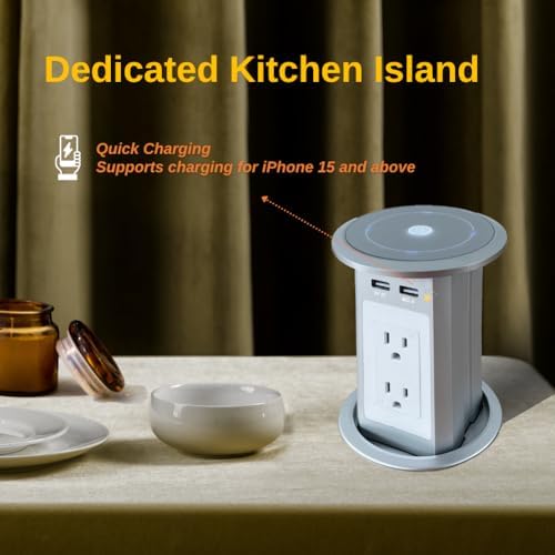 ZESHAN Sleek Pop-Up Power Outlet with 15 W Wireless Charging Station – Dual US Outlets, USB A & USB C PD Fast Charging Ports for Effortless Connectivity at Home or Office – Ideal for Conference Tables and Kitchen Counters, Modern Black Finish