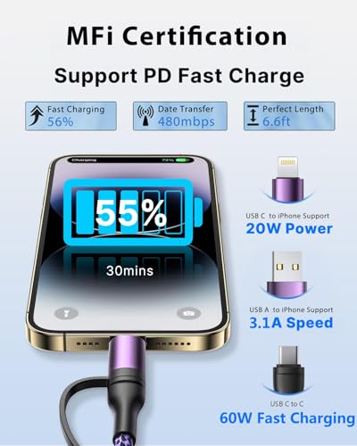 Universal 4-in-1 Multi-Device Charging Cable [2-Pack, 6.6 FT] – 60 W Fast Charging Nylon Braided Lightning & USB-C Cords for i Phone, i Pad, Samsung Galaxy, Mac Book & More – Durable & Tangle-Free Solution for Efficient Powering