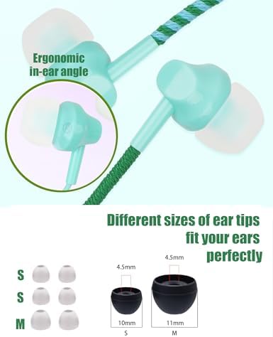 Vividly Handcrafted Kids Earbuds with Microphone – Playful Bracelet-Inspired Aesthetics for School and Leisure, Tailored Small Ear Tips for Ultimate Comfort, Ultra-Lightweight with Backpack Attachment – Resilient Audio Solution for Young Audiophiles (Green-Blue Woven)