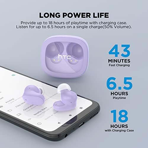 Elevate Your Audio Experience with HTC True Wireless Bluetooth Earbuds – Featuring Cutting-Edge Bluetooth 5.3 for Rapid Connectivity, 24-Hour Playtime, and Low Latency Gaming Mode – Stylish Transparent Charging Case – Perfectly Crafted for Gamers & Music Enthusiasts – Superior Sound Quality, Intuitive Touch Controls & Effortless Wireless Charging for Unmatched Convenience and Durability