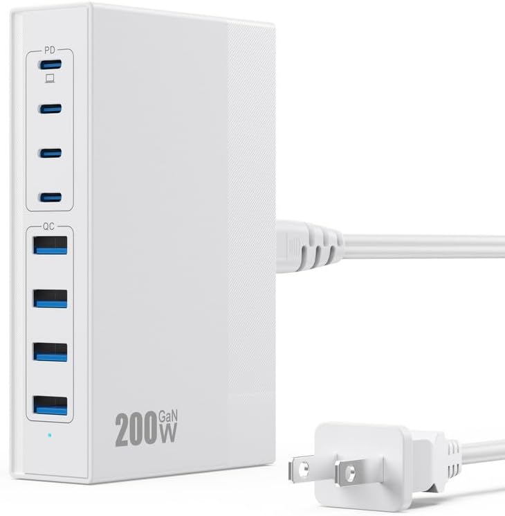 Revolutionize Your Charging Experience: 200 W Ga N III USB C Travel Charger Hub – 8-in-1 Multi-Device Fast Charging Station for Mac Book Pro, Dell XPS, i Phone 16/15/14 & Galaxy S24 – Compact, Lightweight Design with PD 65 W Power Delivery & Enhanced Compatibility – Stylish Purple Finish for Tech Enthusiasts