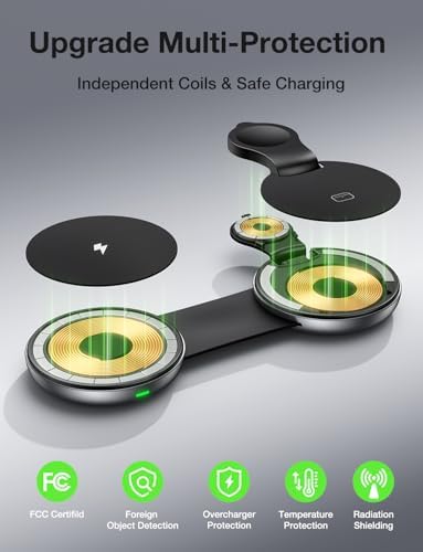 Ultimate 3-in-1 Wireless Charging Station for Apple Devices – Fast Mag Safe Compatible Foldable Charger for i Phone, Apple Watch & Air Pods, Perfect for Travel and Home Use, Sleek Design with Anti-Slip Base and LED Indicator, Simultaneous Multi-Device Charging Solution