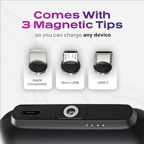 Statik Snap-N-Charge Mini Portable Charger – Sleek Black 3,000 m Ah Magnetic Power Bank with 10 W Fast Charging and 3-in-1 Universal Tips for i Phone, USB-C, and Micro USB Devices – Travel-Friendly Compact Design for Effortless On-the-Go Power